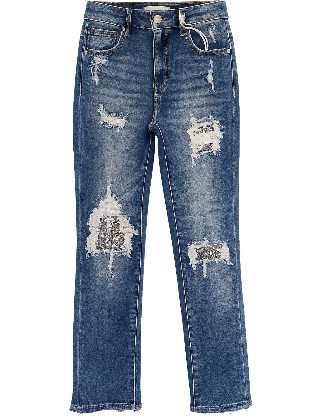 Risen Sequin Patch Distressed Jeans